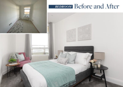 Professionally staged home by Beau Property Home Staging. Show home bedroom featuring before and after comparison