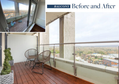 Professionally staged home by Beau Property Home Staging. Show home balcony before and after comparison with exterior plants and seating area