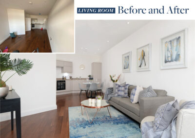 Professionally staged home by Beau Property Home Staging. Show home before and after comparison featuring colour match furniture and dining area