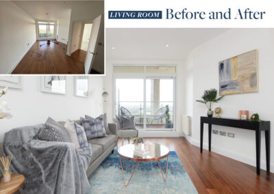 Professionally staged home by Beau Property Home Staging. Show home living room featuring before and after comparison