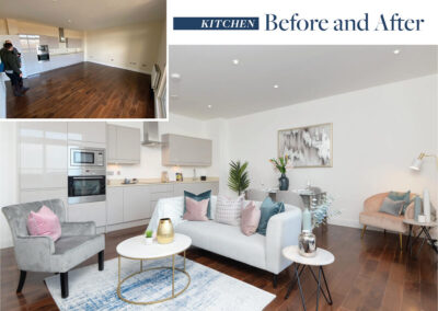 Professionally staged home by Beau Property Home Staging. Show home kitchen before and after comparison featuring colour matched furniture, plants and accessories