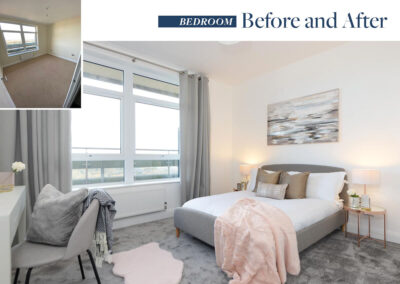 Professionally staged home by Beau Property Home Staging. Show home bedroom before and after comparison featuring color matched furniture, new carpet, dressing table and bed side tables.