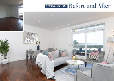 Professionally staged home by Beau Property Home Staging. Show home living room featuring before and after photo.