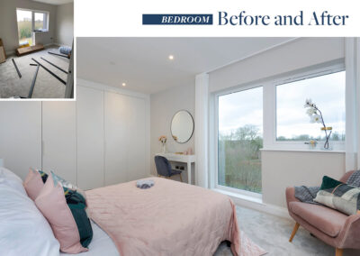 Professionally staged home by Beau Property Home Staging before and after comparison. Show home bedroom featuring colour matched/themed furniture, White dresser, full length wardrobe, pink single seat and overlooking window.