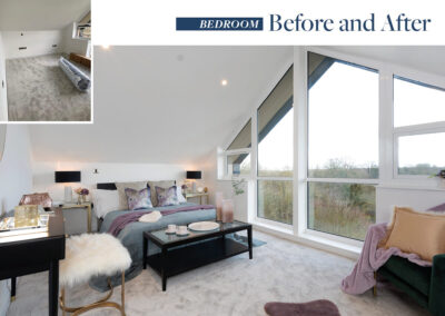 Professionally staged home by Beau Property Home Staging. Show home bedroom featuring before and after photo.