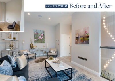 Professionally staged home by Beau Property Home Staging before and after comparison. Show home living room featuring colour matched/themed furniture, white coffee table, dark grey sofa, rug, silver shelving with golden and white ornaments.