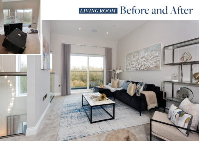 Professionally staged home by Beau Property Home Staging. Show home living room featuring before and after photo.