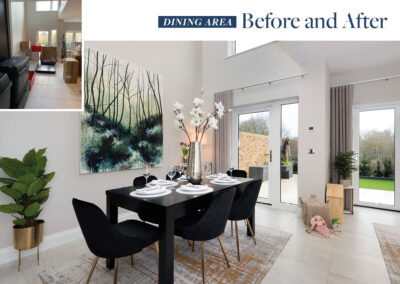 Professionally staged home by Beau Property Home Staging. Show home dining area featuring before and after photo.