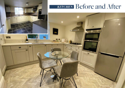 Professionally staged home by Beau Property Home Staging before and after. Show home kitchen featuring dining area, coffee station, wine, glasses and fruit bowl