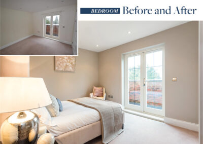 Professionally staged home by Beau Property Home Staging before and after. Show home bedroom featuring colour matched/themed furniture, bedside table, lamp and single chair.