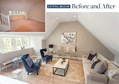 Professionally staged home by Beau Property Home Staging before and after comparison. Show home living room featuring colour matched/themed furniture, grey sofa, coffee table and two blue single seated chairs