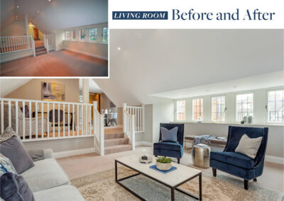 Professionally staged home by Beau Property Home Staging before and after comparison. Show home living room featuring colour matched/themed furniture, grey sofa, coffee table and two blue single seated chairs