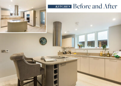 Professionally staged home by Beau Property Home Staging before and after. Show home kitchen featuring colour matched/themed furniture, center island with grey chairs and kitchen side accessories