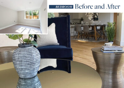 Professionally staged home by Beau Property Home Staging before and after comparison. Show home bedroom featuring colour matched/themed furniture, blue chair and coffee table with plant.