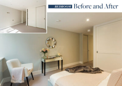 Professionally staged home by Beau Property Home Staging before and after. Show home bedroom featuring colour matched/themed furniture, hanging mirror, dressing table and single chair