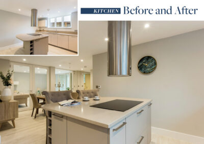 Professionally staged home by Beau Property Home Staging before and after. Show home kitchen featuring colour matched/themed furniture, center island with grey chairs and kitchen side accessories