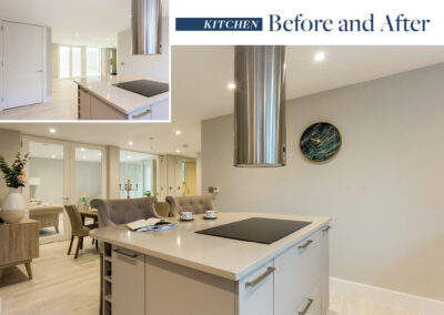 Professionally staged home by Beau Property Home Staging before and after. Show home kitchen featuring colour matched/themed furniture, center island with grey chairs and kitchen side accessories