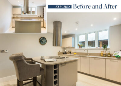 Professionally staged home by Beau Property Home Staging before and after. Show home kitchen featuring colour matched/themed furniture, center island with grey chairs and kitchen side accessories