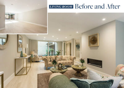 Professionally staged home by Beau Property Home Staging before and after. Show home living room featuring colour matched/themed furniture, two coffee tables, pictures on the wall and ornaments around the room borders