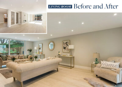 Professionally staged home by Beau Property Home Staging before and after. Show home living room featuring colour matched/themed furniture, two coffee tables, pictures on the wall and ornaments around the room borders