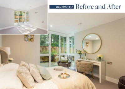 Professionally staged home by Beau Property Home Staging before and after. Show home bedroom featuring colour matched/themed furniture, bedside table, hanging mirror and dressing table