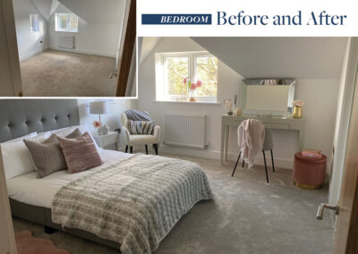 Professionally staged home by Beau Property Home Staging before and after. Show home bedroom featuring colour matched/themed furniture, dressing table with mirror, plants and accessories