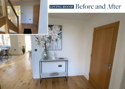 Professionally staged home by Beau Property Home Staging before and after. Show home living room featuring colour matched/themed furniture, dining set, standing table with glass flower bowl and white flowers