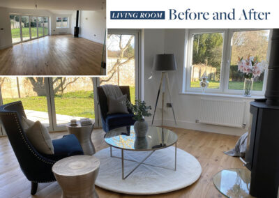 Professionally staged home by Beau Property Home Staging before and after. Show home living room featuring colour matched/themed furniture, tall standing lamp shade, two single seats and coffee table on white riser