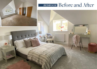 Professionally staged home by Beau Property Home Staging before and after comparison. Show home bedroom featuring colour matched/themed furniture, mirror, dressing table and flowers