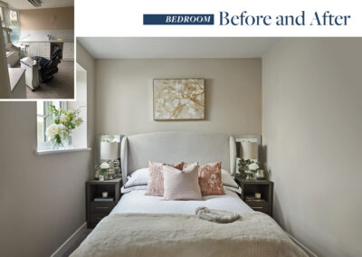 Professionally staged home by Beau Property Home Staging before and after. Show home bedroom featuring colour matched/themed furniture, bedside table, lamp and white flowers