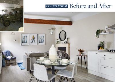 Professionally staged home by Beau Property Home Staging before and after. Show home living room featuring colour matched/themed furniture, dining set, white vase and living ornaments