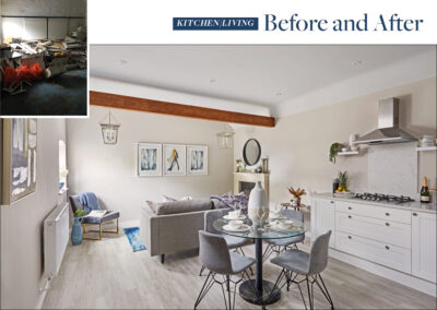 Professionally staged home by Beau Property Home Staging before and after. Show home living room featuring colour matched/themed furniture, dining set, white vase and living ornaments