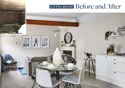 Professionally staged home by Beau Property Home Staging before and after comparison. Show home kitchen featuring colour matched/themed furniture, dining set, glass table, hanging paintings and living accessories