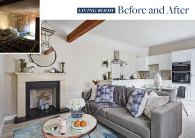 Professionally staged home by Beau Property Home Staging before and after comparison. Show home living room featuring colour matched/themed furniture.