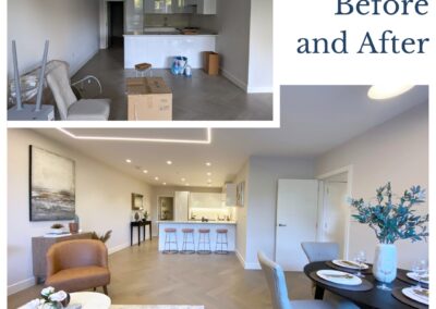 Before & after comparison. Professionally staged home by Beau Property Home Staging. Show home kitchen/dining area now featuring bar stools, dining set up, coffee table with additional seating. Clearly much more inviting once staged