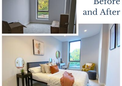 Before & after comparison. Professionally staged home by Beau Property Home Staging. Show home bedroom now featuring bed, bedside table & decorative ornaments. Clearly much more inviting once staged