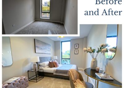 Before & after comparison. Professionally staged home by Beau Property Home Staging. Show home bedroom now featuring bed, dressing table and decorative ornaments. Clearly much more inviting once staged