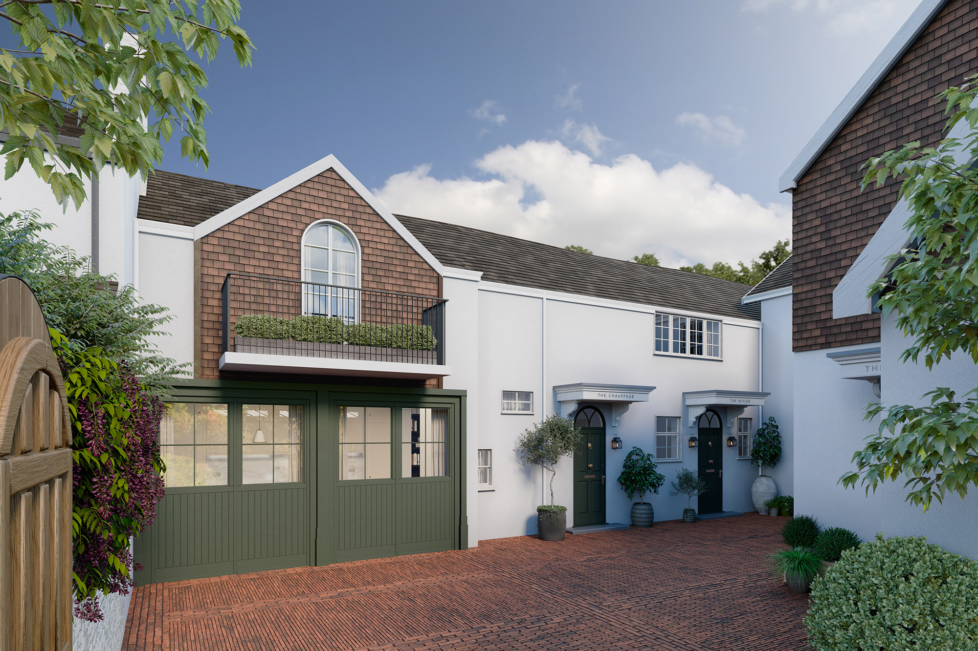 A rendering of a house with two garages and a driveway.